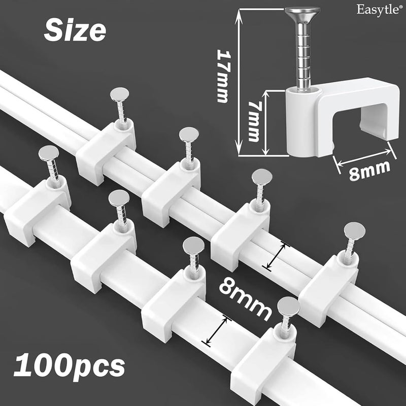 Easytle Cable Clips Nail in Cable Clips 100 Pcs 8mm Flat Ethernet Cable Wall Clips Cable Tacks Coax Cable Clip Speaker Wire Clips Cable Nails for Cords Cat5/Cat5e/Cat6/Cat7 RJ45 Cord Clips - Image 2